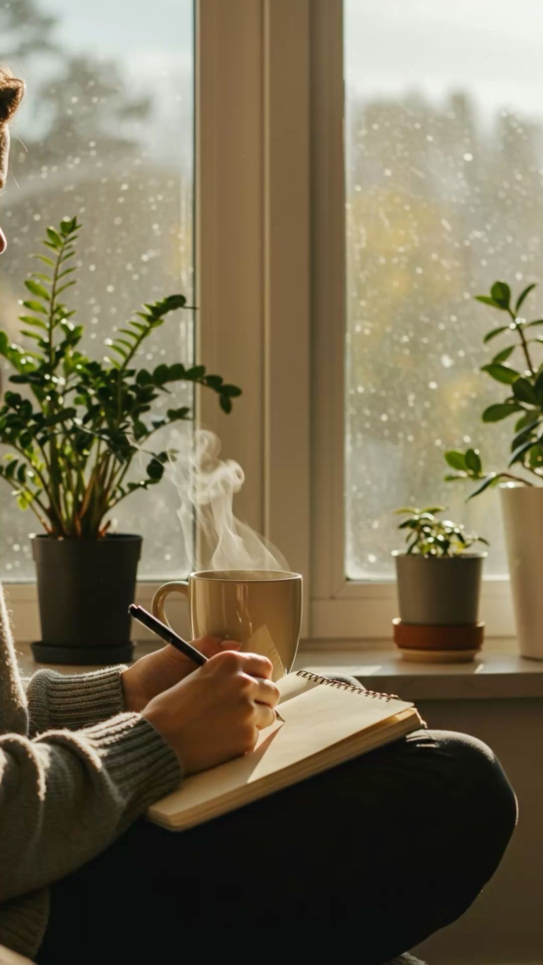 A person sitting calmly near a window with a notebook, looking thoughtfully outside