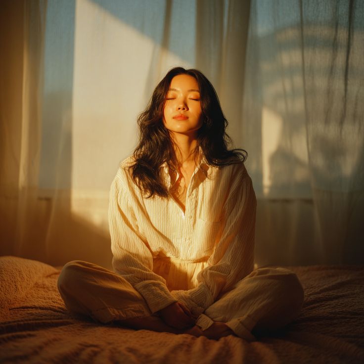 A hand resting on a knee with soft daylight, suggesting a slow seated breathing pause